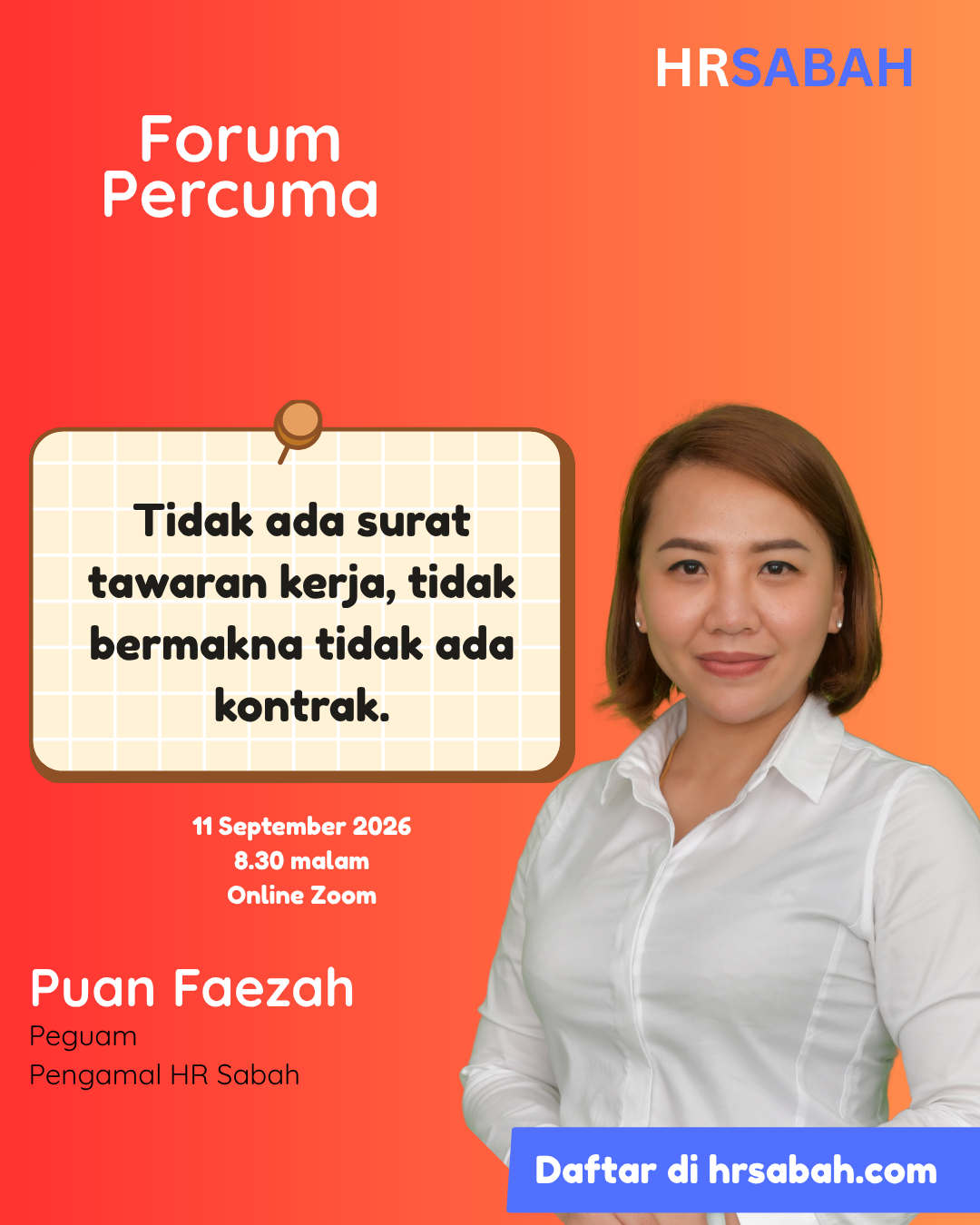 Poster Forum Percuma HR Sabah bersama Puan Faezah pada 11 September 2026